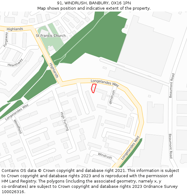 91, WINDRUSH, BANBURY, OX16 1PN: Location map and indicative extent of plot