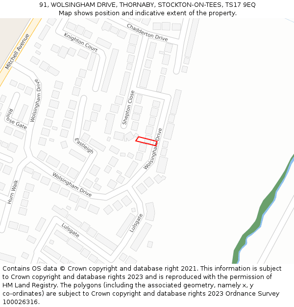 91, WOLSINGHAM DRIVE, THORNABY, STOCKTON-ON-TEES, TS17 9EQ: Location map and indicative extent of plot