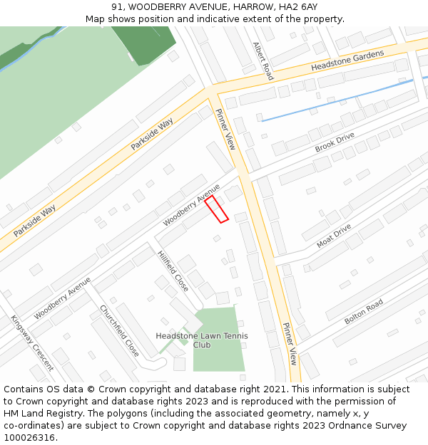 91, WOODBERRY AVENUE, HARROW, HA2 6AY: Location map and indicative extent of plot