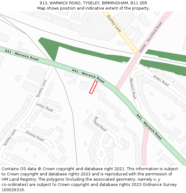 913, WARWICK ROAD, TYSELEY, BIRMINGHAM, B11 2ER: Location map and indicative extent of plot