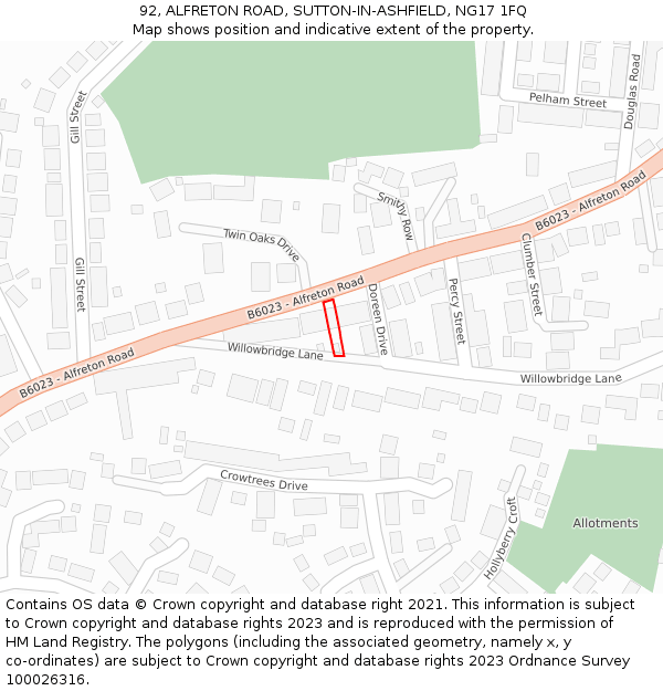 92, ALFRETON ROAD, SUTTON-IN-ASHFIELD, NG17 1FQ: Location map and indicative extent of plot