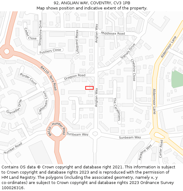 92, ANGLIAN WAY, COVENTRY, CV3 1PB: Location map and indicative extent of plot