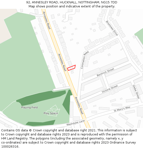92, ANNESLEY ROAD, HUCKNALL, NOTTINGHAM, NG15 7DD: Location map and indicative extent of plot