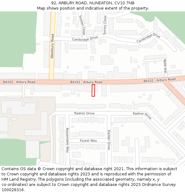 92, ARBURY ROAD, NUNEATON, CV10 7NB: Location map and indicative extent of plot