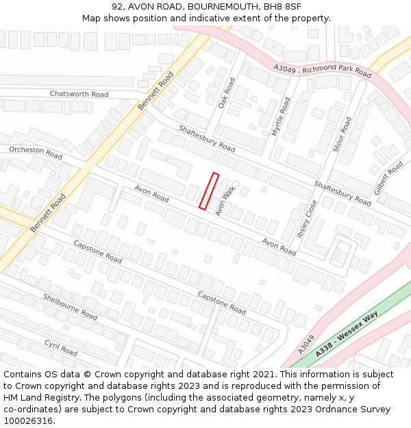 92, AVON ROAD, BOURNEMOUTH, BH8 8SF: Location map and indicative extent of plot