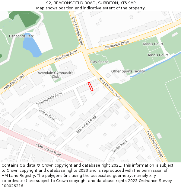 92, BEACONSFIELD ROAD, SURBITON, KT5 9AP: Location map and indicative extent of plot