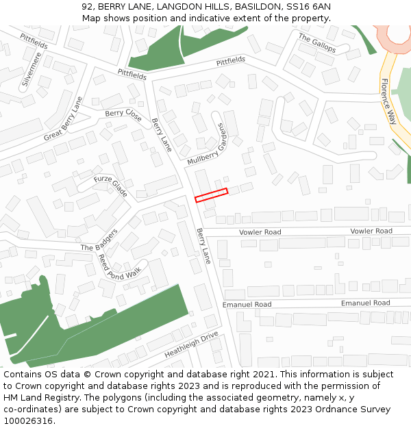 92, BERRY LANE, LANGDON HILLS, BASILDON, SS16 6AN: Location map and indicative extent of plot