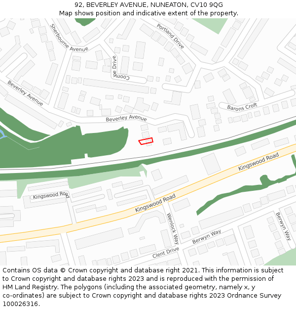 92, BEVERLEY AVENUE, NUNEATON, CV10 9QG: Location map and indicative extent of plot