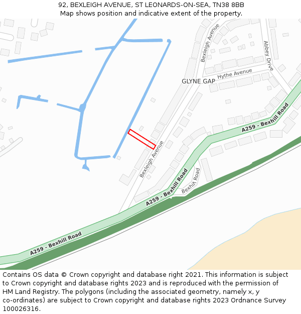 92, BEXLEIGH AVENUE, ST LEONARDS-ON-SEA, TN38 8BB: Location map and indicative extent of plot
