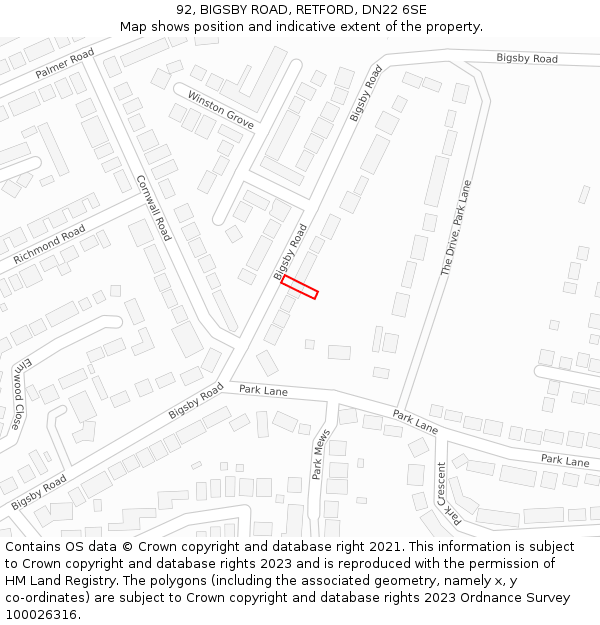 92, BIGSBY ROAD, RETFORD, DN22 6SE: Location map and indicative extent of plot