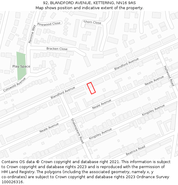 92, BLANDFORD AVENUE, KETTERING, NN16 9AS: Location map and indicative extent of plot