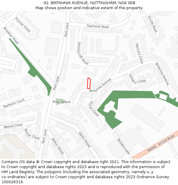92, BRITANNIA AVENUE, NOTTINGHAM, NG6 0EB: Location map and indicative extent of plot
