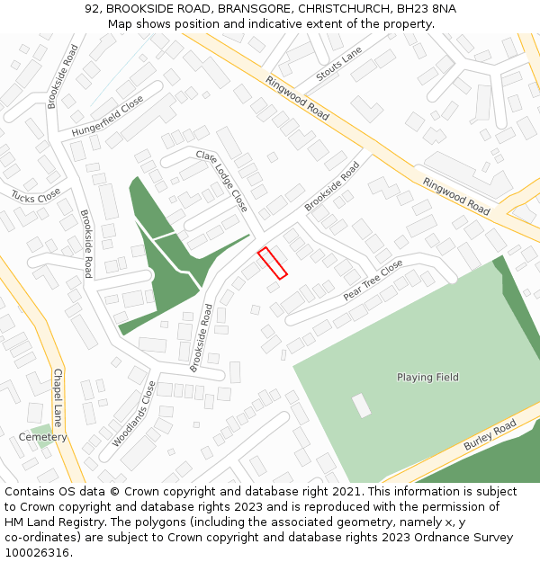92, BROOKSIDE ROAD, BRANSGORE, CHRISTCHURCH, BH23 8NA: Location map and indicative extent of plot