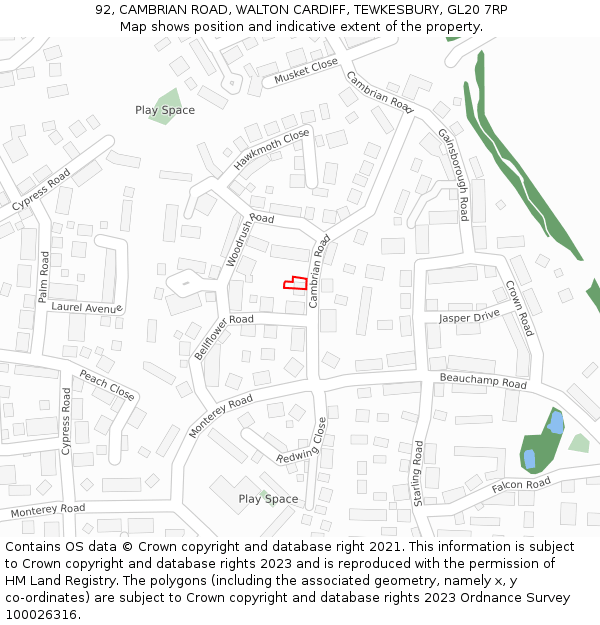 92, CAMBRIAN ROAD, WALTON CARDIFF, TEWKESBURY, GL20 7RP: Location map and indicative extent of plot