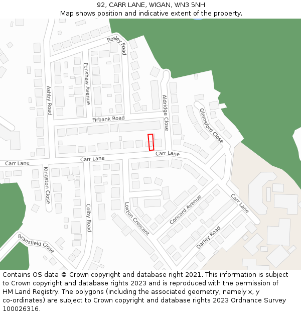 92, CARR LANE, WIGAN, WN3 5NH: Location map and indicative extent of plot