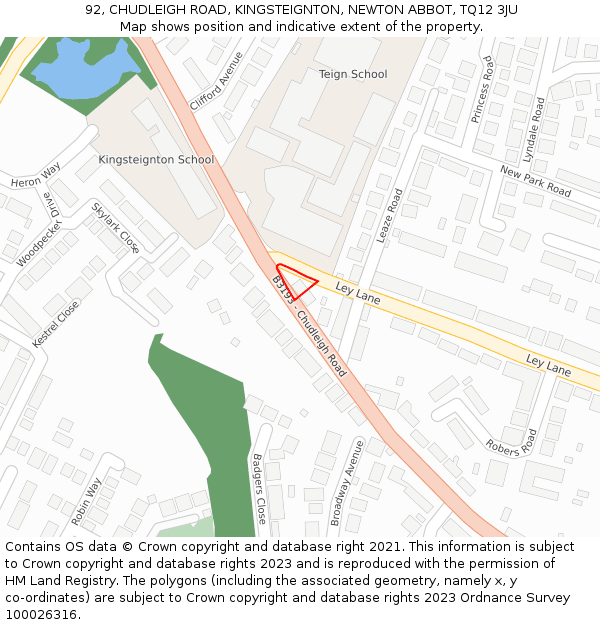 92, CHUDLEIGH ROAD, KINGSTEIGNTON, NEWTON ABBOT, TQ12 3JU: Location map and indicative extent of plot