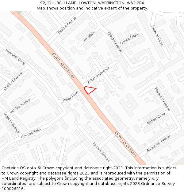 92, CHURCH LANE, LOWTON, WARRINGTON, WA3 2PX: Location map and indicative extent of plot