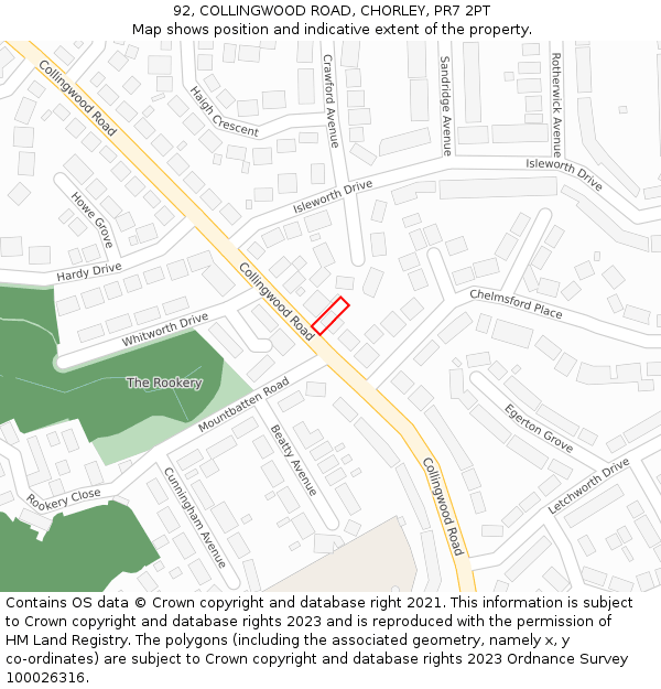 92, COLLINGWOOD ROAD, CHORLEY, PR7 2PT: Location map and indicative extent of plot