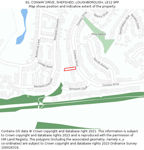 92, CONWAY DRIVE, SHEPSHED, LOUGHBOROUGH, LE12 9PP: Location map and indicative extent of plot