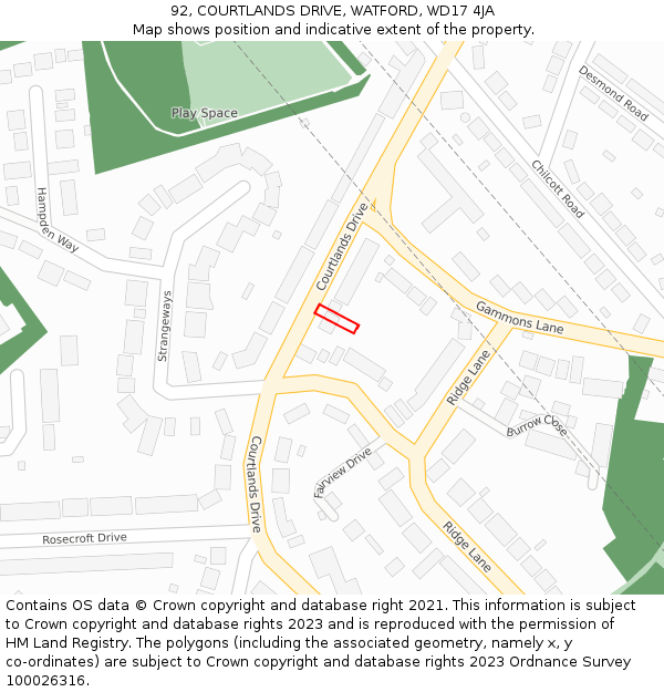 92, COURTLANDS DRIVE, WATFORD, WD17 4JA: Location map and indicative extent of plot