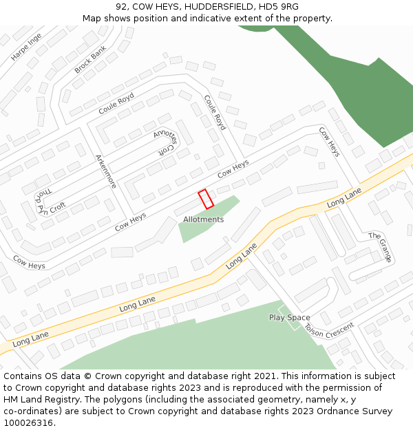 92, COW HEYS, HUDDERSFIELD, HD5 9RG: Location map and indicative extent of plot