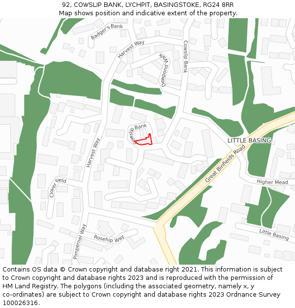 92, COWSLIP BANK, LYCHPIT, BASINGSTOKE, RG24 8RR: Location map and indicative extent of plot