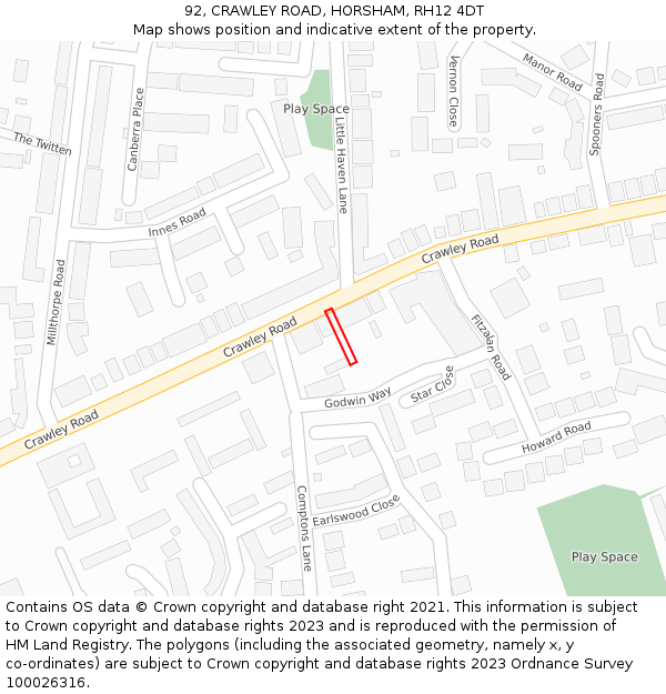 92, CRAWLEY ROAD, HORSHAM, RH12 4DT: Location map and indicative extent of plot