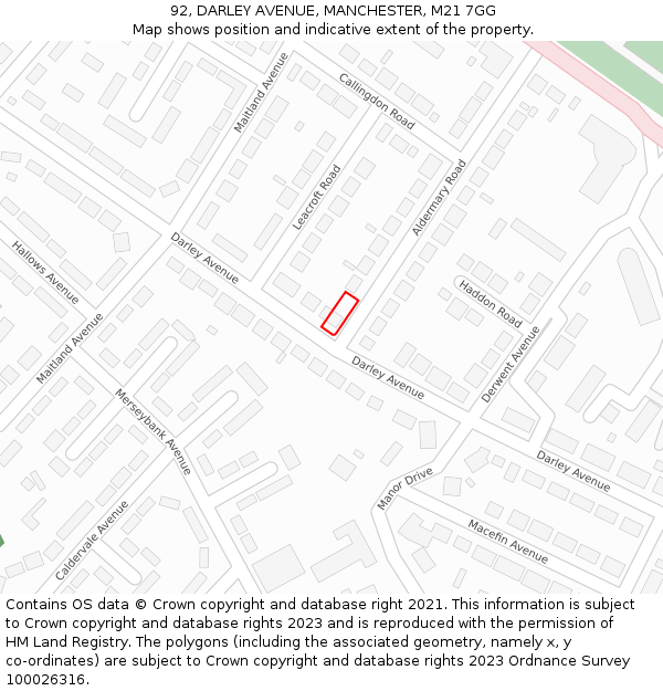 92, DARLEY AVENUE, MANCHESTER, M21 7GG: Location map and indicative extent of plot