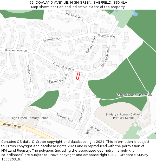 92, DOWLAND AVENUE, HIGH GREEN, SHEFFIELD, S35 4LA: Location map and indicative extent of plot