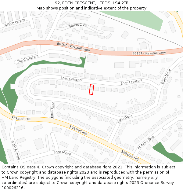 92, EDEN CRESCENT, LEEDS, LS4 2TR: Location map and indicative extent of plot