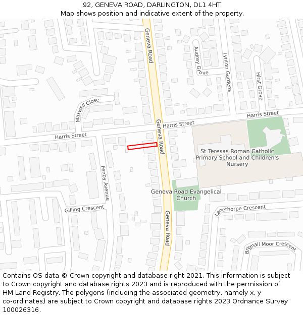 92, GENEVA ROAD, DARLINGTON, DL1 4HT: Location map and indicative extent of plot