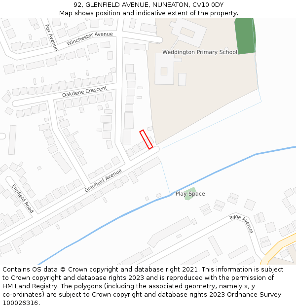 92, GLENFIELD AVENUE, NUNEATON, CV10 0DY: Location map and indicative extent of plot