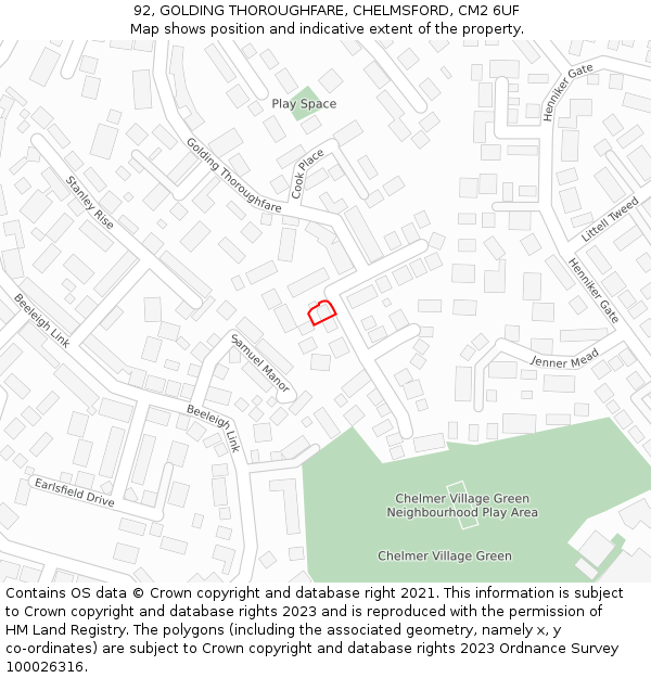 92, GOLDING THOROUGHFARE, CHELMSFORD, CM2 6UF: Location map and indicative extent of plot