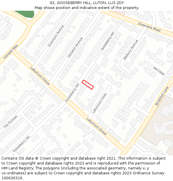 92, GOOSEBERRY HILL, LUTON, LU3 2DY: Location map and indicative extent of plot
