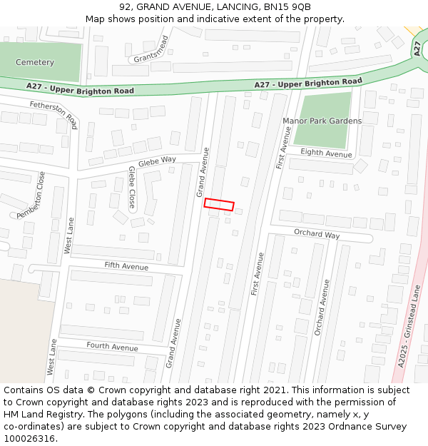 92, GRAND AVENUE, LANCING, BN15 9QB: Location map and indicative extent of plot
