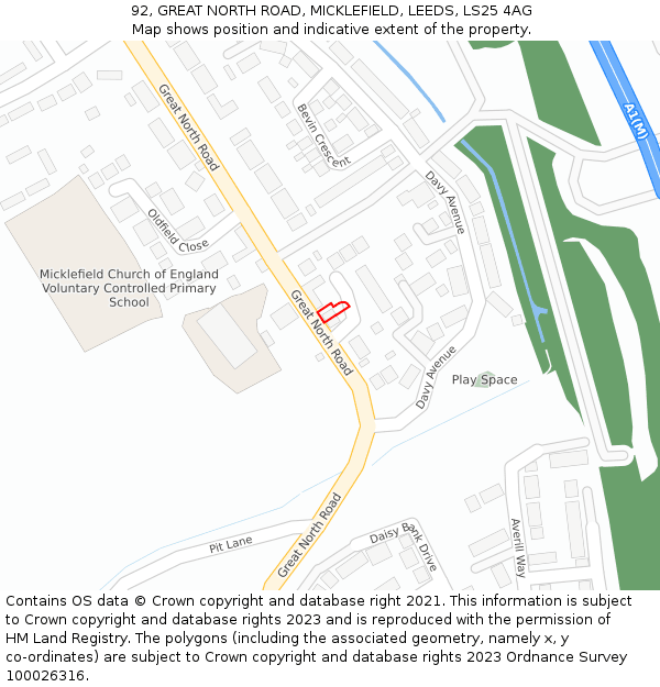 92, GREAT NORTH ROAD, MICKLEFIELD, LEEDS, LS25 4AG: Location map and indicative extent of plot
