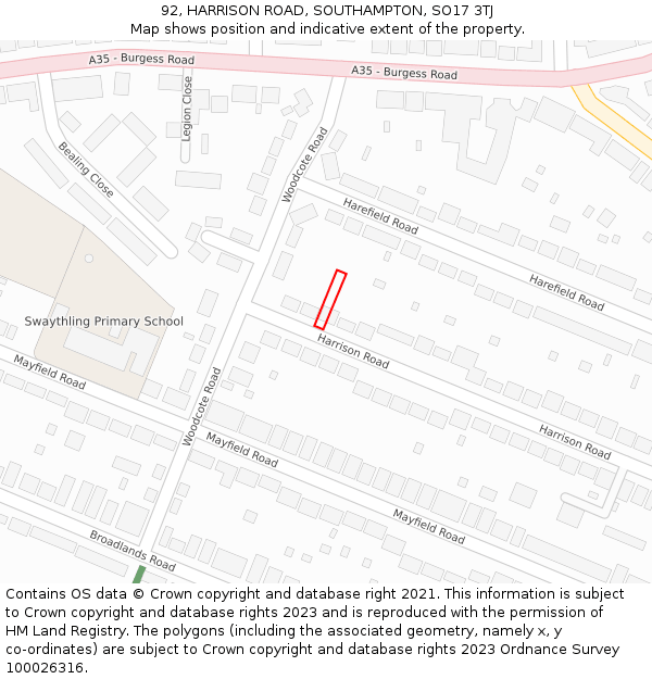 92, HARRISON ROAD, SOUTHAMPTON, SO17 3TJ: Location map and indicative extent of plot