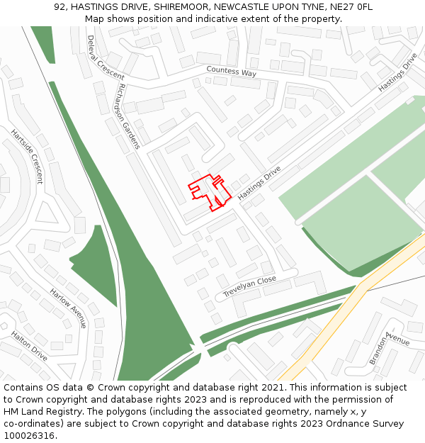 92, HASTINGS DRIVE, SHIREMOOR, NEWCASTLE UPON TYNE, NE27 0FL: Location map and indicative extent of plot