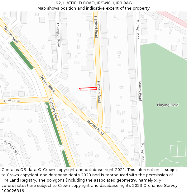 92, HATFIELD ROAD, IPSWICH, IP3 9AG: Location map and indicative extent of plot