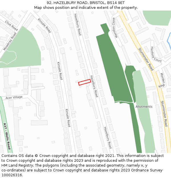 92, HAZELBURY ROAD, BRISTOL, BS14 9ET: Location map and indicative extent of plot
