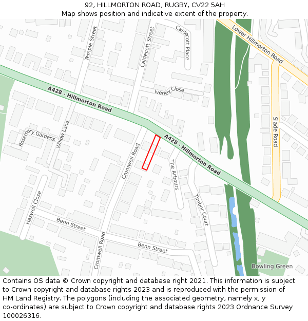 92, HILLMORTON ROAD, RUGBY, CV22 5AH: Location map and indicative extent of plot
