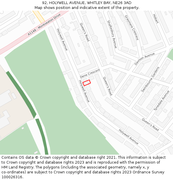 92, HOLYWELL AVENUE, WHITLEY BAY, NE26 3AD: Location map and indicative extent of plot