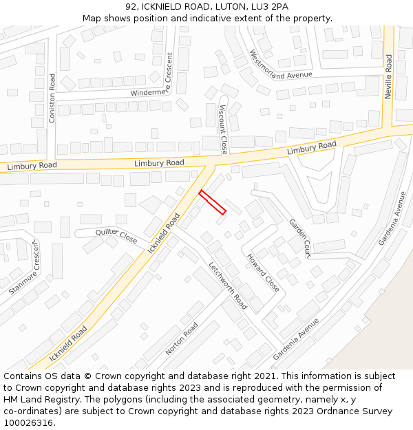 92, ICKNIELD ROAD, LUTON, LU3 2PA: Location map and indicative extent of plot