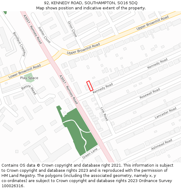 92, KENNEDY ROAD, SOUTHAMPTON, SO16 5DQ: Location map and indicative extent of plot