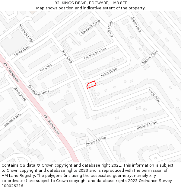 92, KINGS DRIVE, EDGWARE, HA8 8EF: Location map and indicative extent of plot