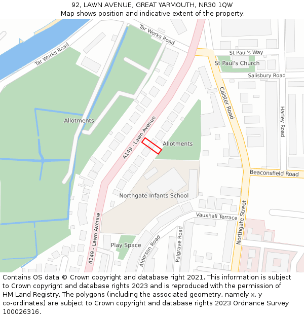 92, LAWN AVENUE, GREAT YARMOUTH, NR30 1QW: Location map and indicative extent of plot