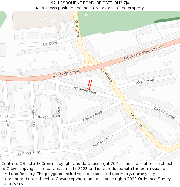 92, LESBOURNE ROAD, REIGATE, RH2 7JX: Location map and indicative extent of plot