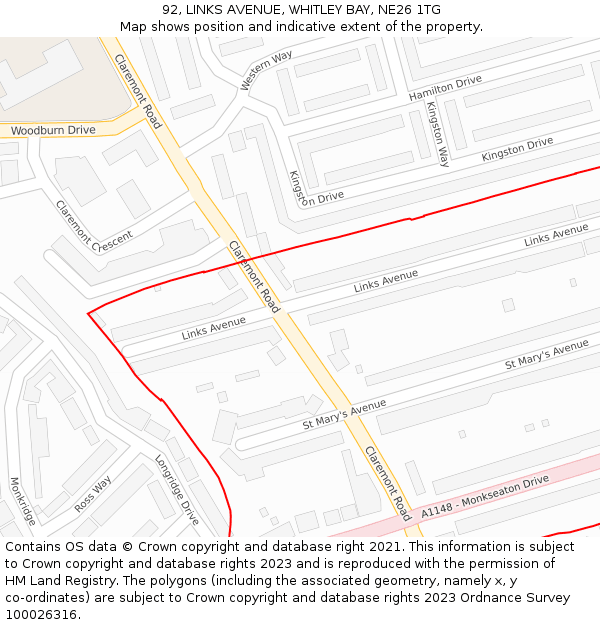92, LINKS AVENUE, WHITLEY BAY, NE26 1TG: Location map and indicative extent of plot