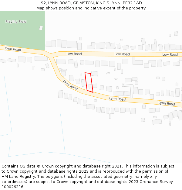 92, LYNN ROAD, GRIMSTON, KING'S LYNN, PE32 1AD: Location map and indicative extent of plot