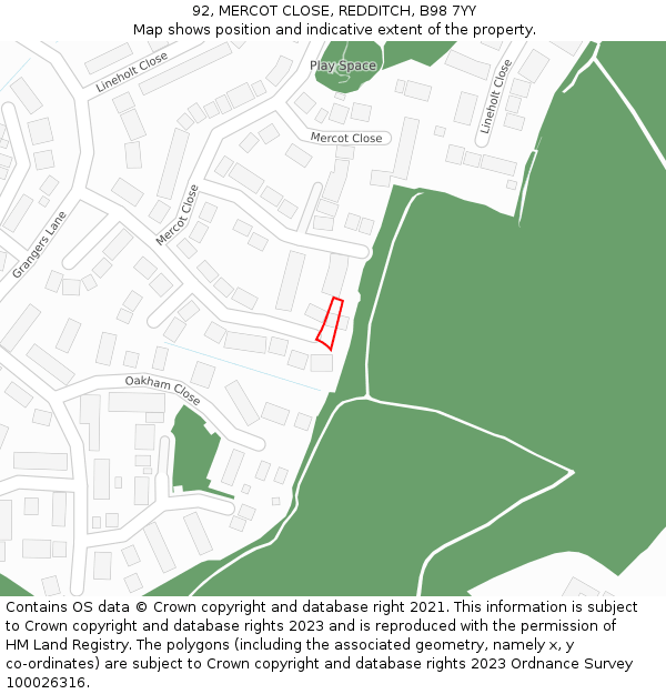 92, MERCOT CLOSE, REDDITCH, B98 7YY: Location map and indicative extent of plot